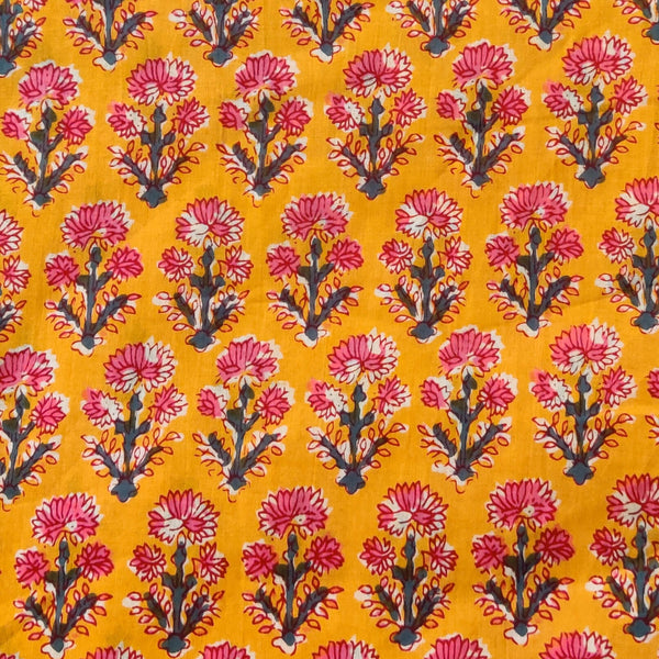 Pure Cotton Jaipuri Yellow With Pink Dahlia Flower Jaal Hand Block Print Fabric