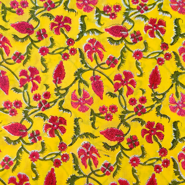 Pure Cotton Jaipuri Yellow With Pink Flower Jaal Hand Block Print Fabric