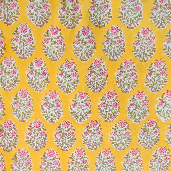 Pure Cotton Jaipuri Yellow With Pink Flower Plant Hand Block Print Fabric