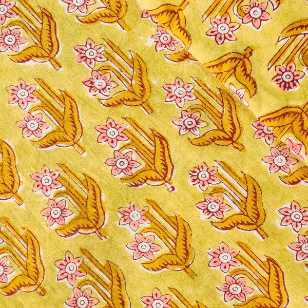 Pure Cotton Jaipuri Yellow With Pink Flower Plant hand Block Print Fabric