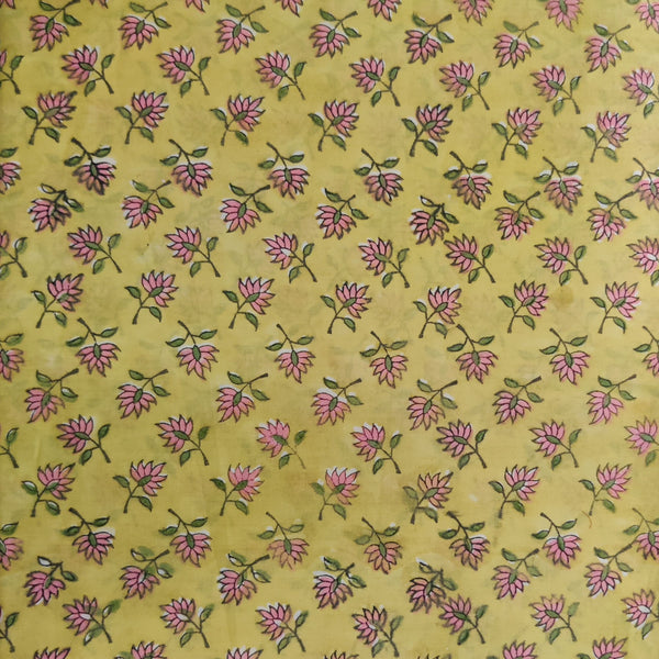 Pure Cotton Jaipuri Yellow With Pink Flowers Hand Block Print Fabric