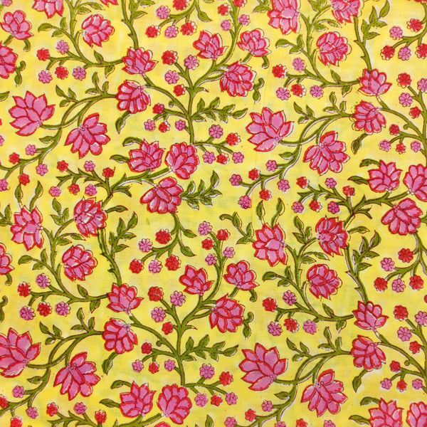 Pure Cotton Jaipuri Yellow With Pink Fruity Jaal Hand Block Print Fabric