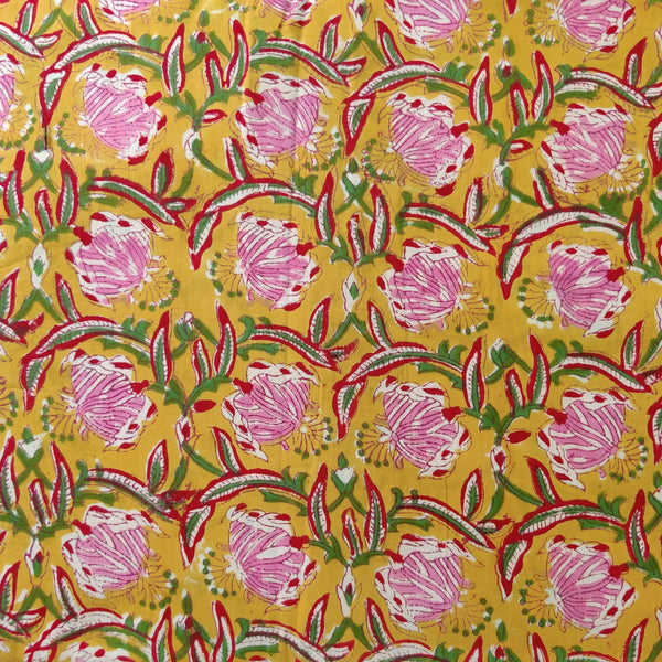 Pure Cotton Jaipuri Yellow With Pink Hand Block Print Fabric