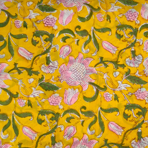 Pure Cotton Jaipuri Yellow With Pink Lotus Jaal Hand Block Print Fabric