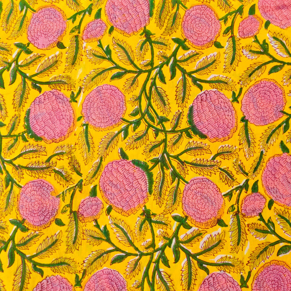 Pure Cotton Jaipuri Yellow With Pink Marrigold Floral Jaal Hand Block Print Fabric