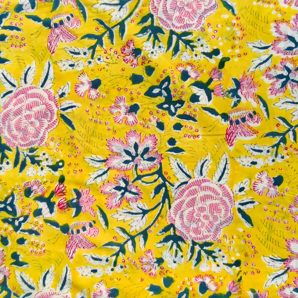 Pure Cotton Jaipuri Yellow With Pink Rose Wild Jaal Hand Block Print Fabric