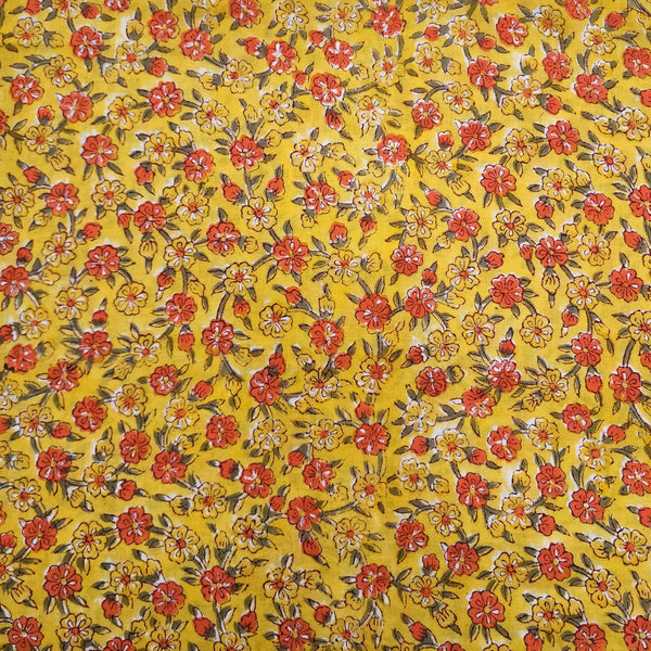 Pure Cotton Jaipuri Yellow With Pink Tiny Flower Jaal Hand Block Print Fabric