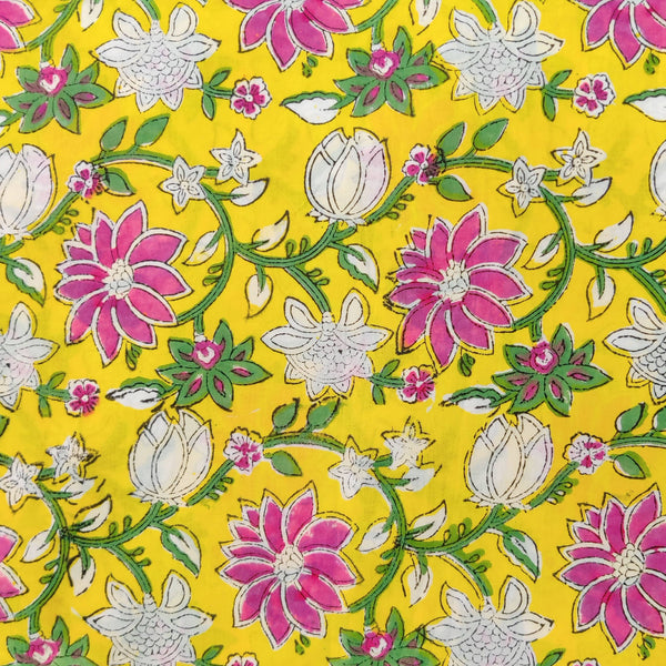 Pure Cotton Jaipuri Yellow With Pink White Wild Wild Jaal Hand Block Print Fabric