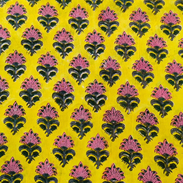 Pure Cotton Jaipuri Yellow With Pink Wild Flower Hand Block Print Fabric