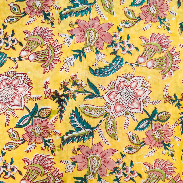 Pure Cotton Jaipuri Yellow With Pink Wildest Flower Jaal Stripes Hand Block Print Fabric