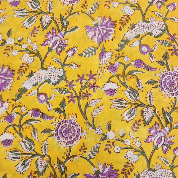 Pure Cotton Jaipuri Yellow With Purple Jaal Hand Block Print Fabric