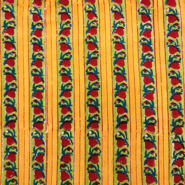 Pure Cotton Jaipuri Yellow With Red And Green Broder Creeper Hand Block Print Fabric