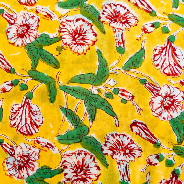 Pure Cotton Jaipuri Yellow With Red Flower Jaal Hand Block Print Fabric