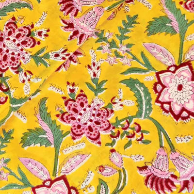 Pure Cotton Jaipuri Yellow With Red Pink Wild Flower Jaal Hand Block Print  Blouse Fabric ( 80 cm )