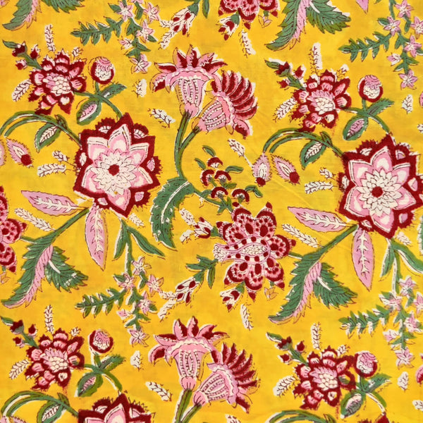 Pure Cotton Jaipuri Yellow With Red Pink Wild Flower Jaal Hand Block Print Fabric