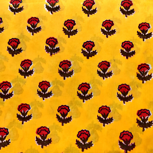 Pure Cotton Jaipuri Yellow With Red Rose Hand Block Print Fabric