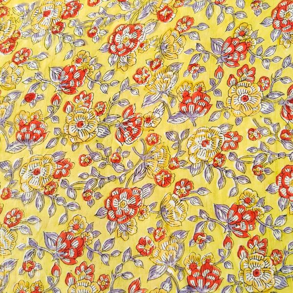 Pure Cotton Jaipuri Yellow With Reddish Orange Yellow Flower Jaal Hand Block Print Fabric