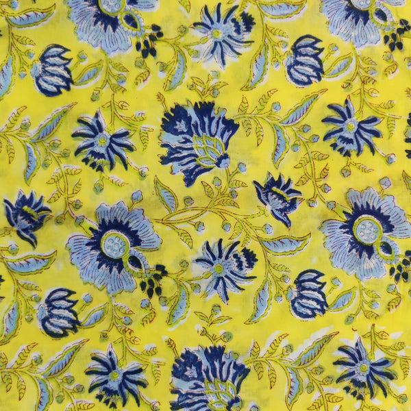 Pure Cotton Jaipuri Yellow With Shades Of Blue Hand Block Print Fabric