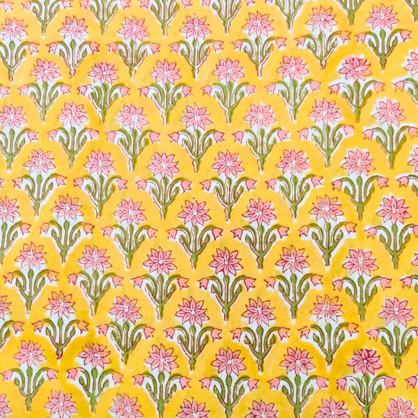 Pure Cotton Jaipuri Yellow With Single Pink Flower Plant Motif Hand Block Print Fabric