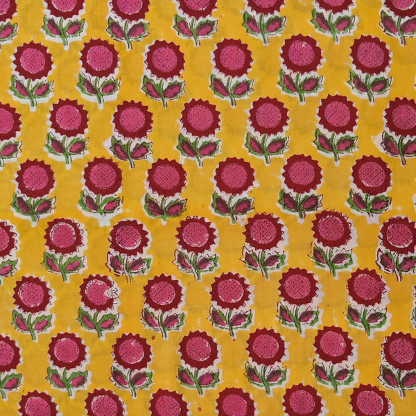 Pure Cotton Jaipuri Yellow With Sunflower Hand Block Print Fabric