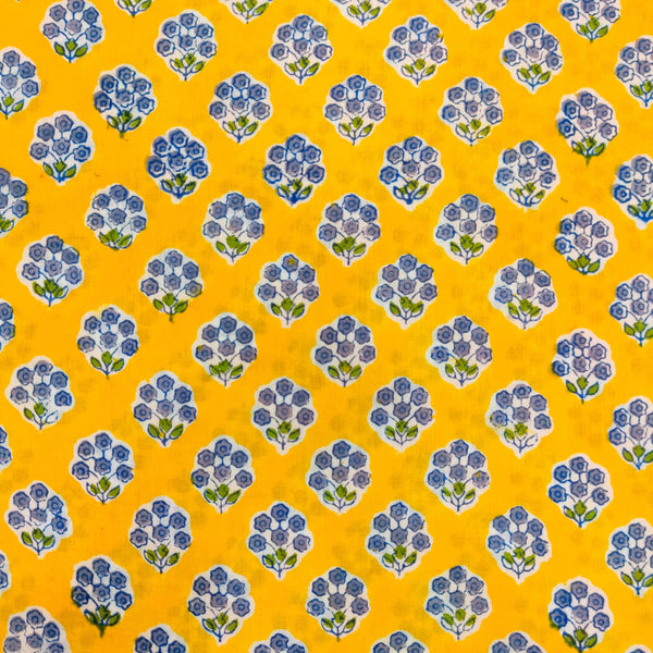 Pure Cotton Jaipuri Yellow With Tiny Bluish Purple Flower Plant Motif Hand Block Print Fabric