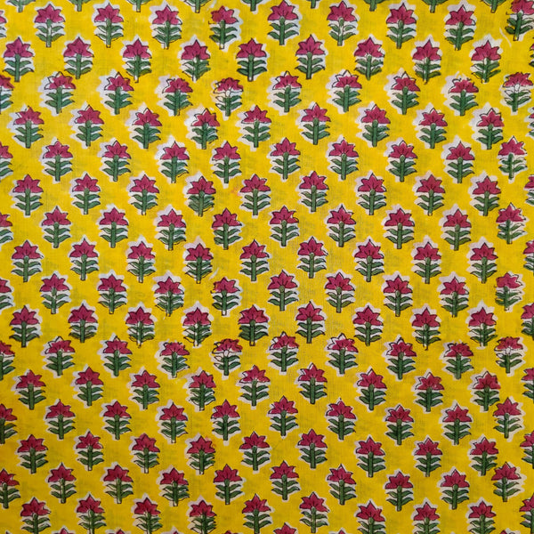 Pure Cotton Jaipuri Yellow With Tiny Magenta Flowers Hand Block Print Fabric