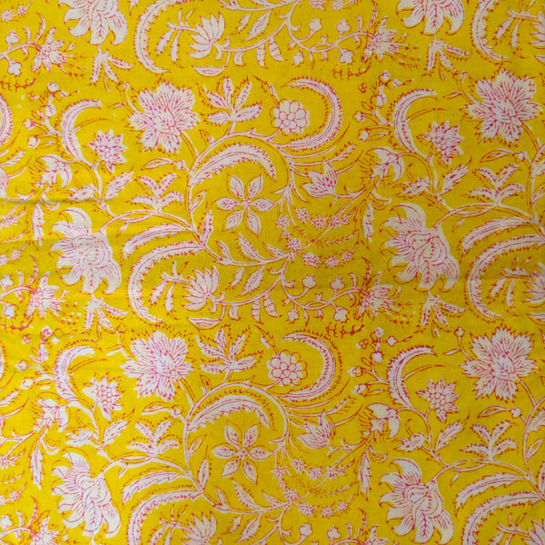 Pure Cotton Jaipuri Yellow With White Floral Jaal Hand Block Print Fabric