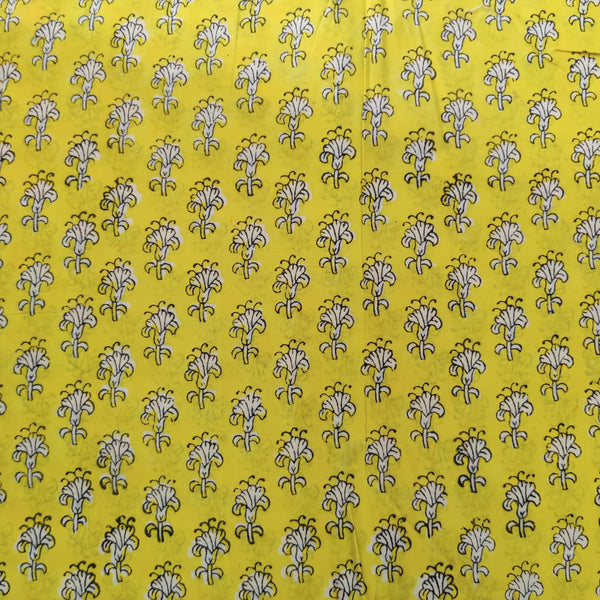 Pure Cotton Jaipuri Yellow With White Flowers Hand Block Print Fabric