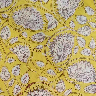 Pure Cotton Jaipuri Yellow With White Lotus Jaal Hand Block Print Blouse Fabric ( 1 Meter )