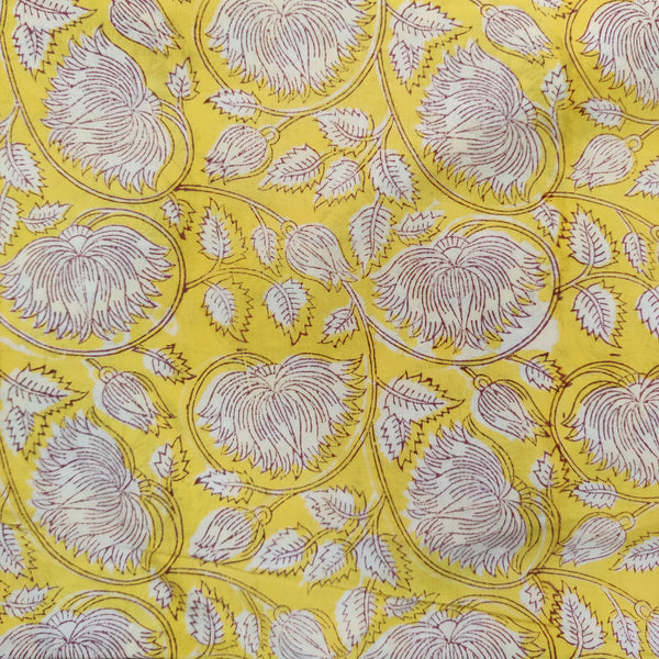 Pure Cotton Jaipuri Yellow With White Lotus Jaal Hand Block Print Fabric