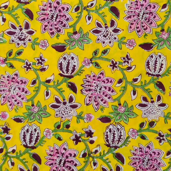 Pure Cotton Jaipuri Yellow With Wild Floral Jaal Hand Block Print Blouse Fabric ( 95 cm )