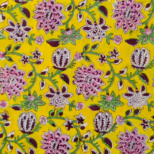 Pure Cotton Jaipuri Yellow With Wild Floral Jaal Hand Block Print Fabric