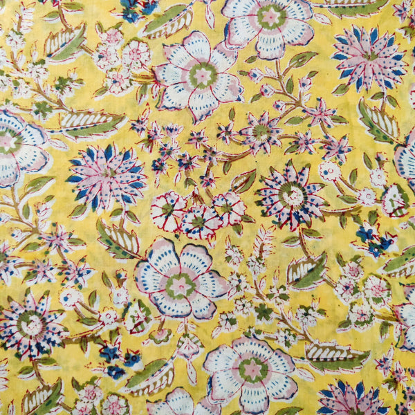 Pure Cotton Jaipuri Yellow With Wild Flower Jaal Hand Block Print Fabric