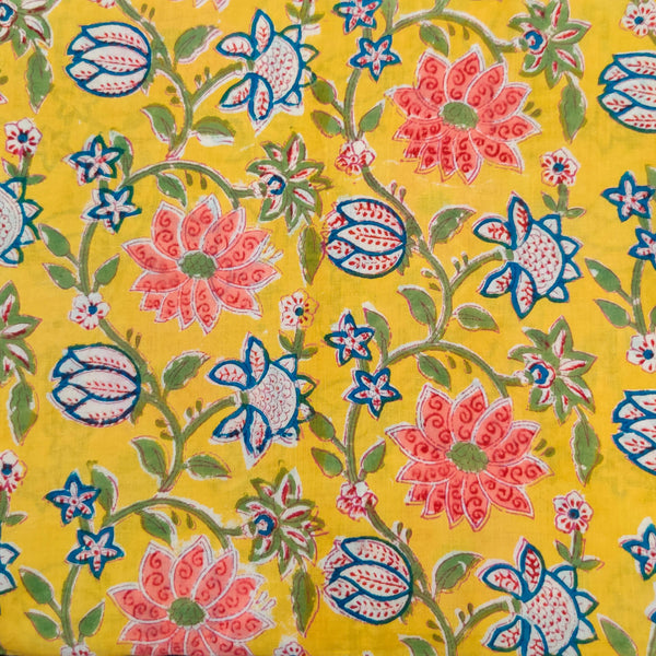 Pure Cotton Jaipuri Yellow With Wild Flower Jaal Hand Block Print Fabric