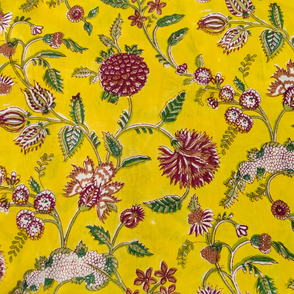 Pure Cotton Jaipuri Yellow With Wild Wild Flower Hand Block Print Fabric