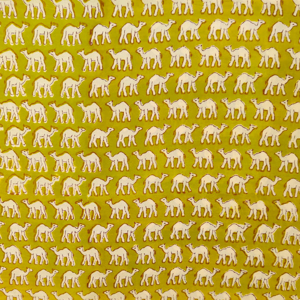 Pure Cotton Jaipuri Yellowish Green With Tiny Camel Hand Block Print Fabric