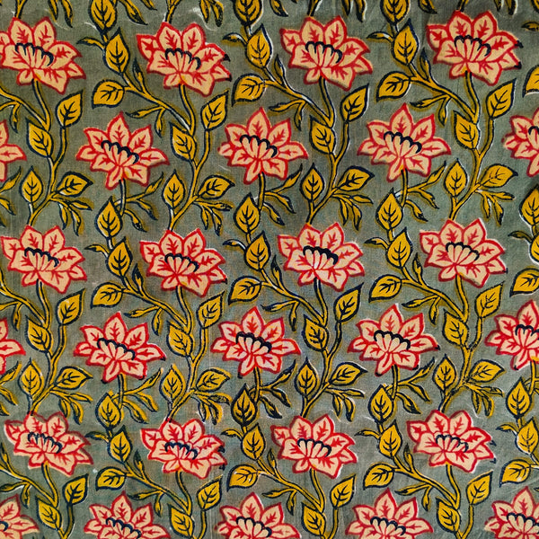 Pure Cotton Jaipuri Yellowish Grey With Beige Yellow And Red Flower Jaal Hand Block Print Fabric