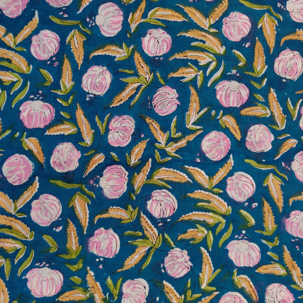 Pure Cotton Japuri Blue With Pink Poppy Jaal Hand Block Print Fabric