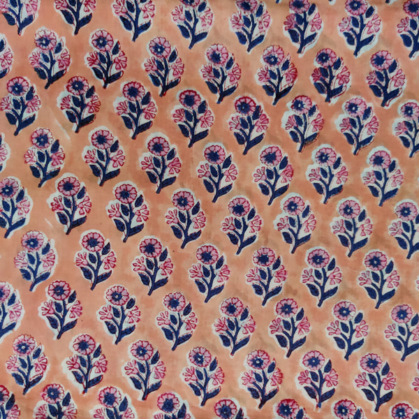 Pure Cotton Jaupuri Peach With Blue And Pink Flowers Hand Block Print Fabric