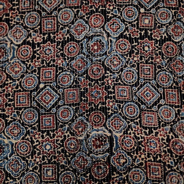 Pure Cotton Kaatha Ajrak Black With Blue Rust Square Circle Star Tiles Hand Block Print Fabric