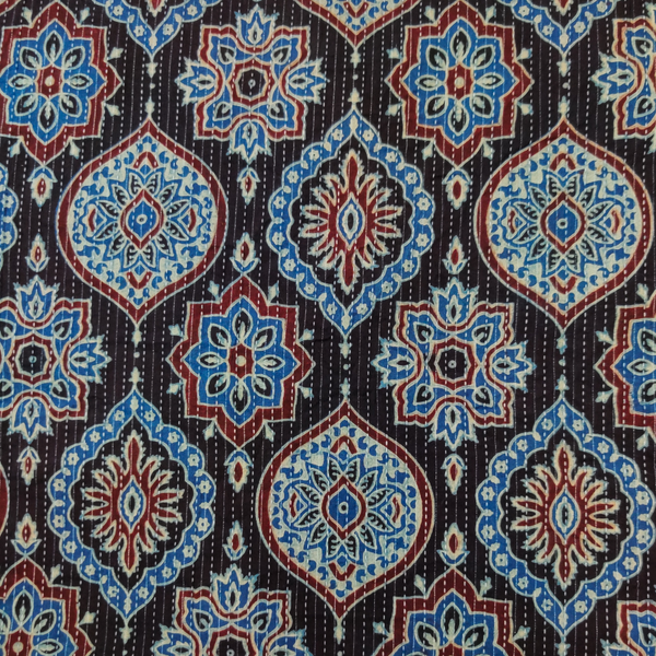 Pure Cotton Kaatha Ajrak Black With Bluish Maroon Wild Motifs Stripes Hand Block PrintFabric