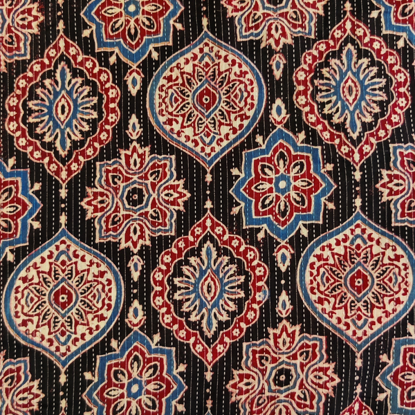 Pure Cotton Kaatha Ajrak Black With Maroon Blue Wild Motifs Stripes Hand Block Print Blouse Fabric ( 1 Meter )