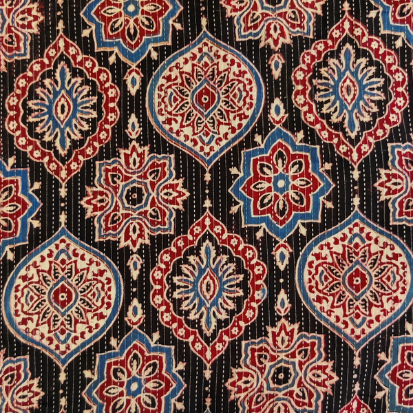 Pure Cotton Kaatha Ajrak Black With Maroon Blue Wild Motifs Stripes Hand Block Print Fabric