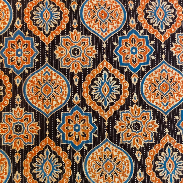 Pure Cotton Kaatha Ajrak Black With Orange Blue Wild Motifs Stripes Hand Block Print Fabric