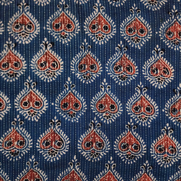 Pure Cotton Kaatha Ajrak Blue Paan Motif Hand Block Print Fabric