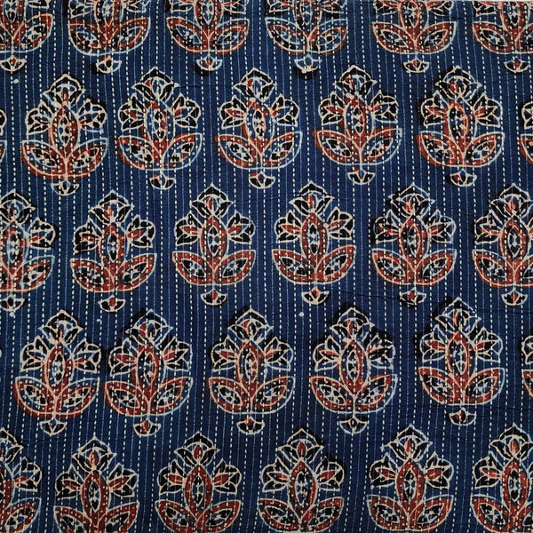 Pure Cotton Kaatha Ajrak Blue With Rust And Black Floral Motif Hand Block Print Fabric