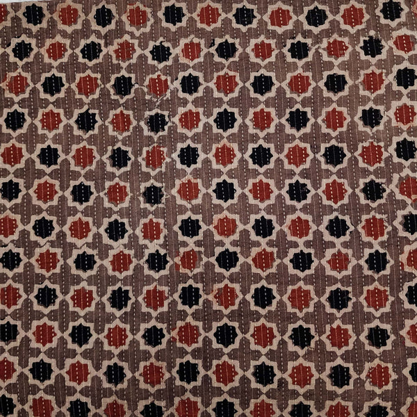 Pure Cotton Kaatha Ajrak Brown All Stars Motif Hand Block Print Fabric