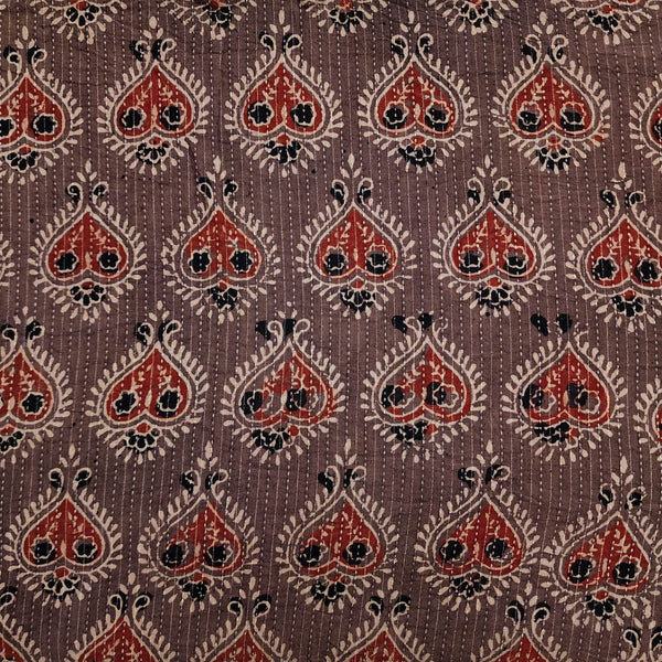 Pure Cotton Kaatha Ajrak Brown Paan Motif Hand Block Print Fabric