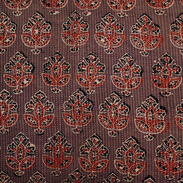 Pure Cotton Kaatha Ajrak Brown With Rust And Black Floral Motif Hand Block Print Fabric