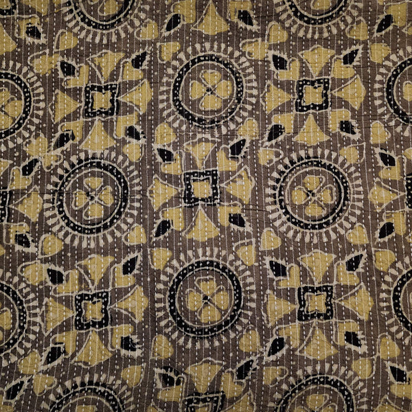 Pure Cotton Kaatha Ajrak Mehendi Brown Geometric Tribal Tiles Hand Block Print Fabric